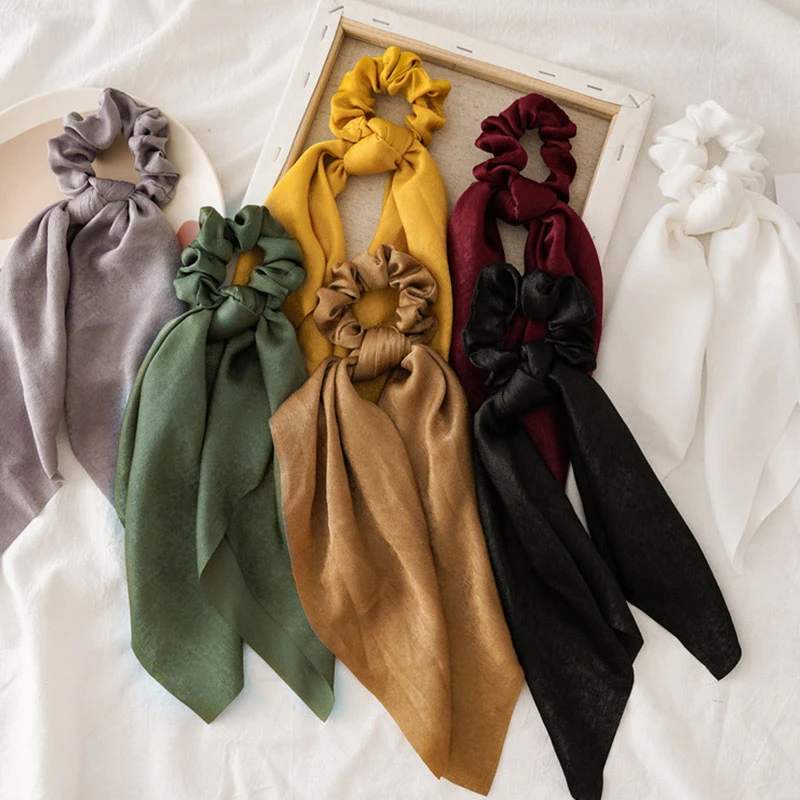 

1Pc Solid Color Bow Satin Ribbon Ponytail Scarf Hair Tie Scrunchies Women Girls Elastic Hair Bands Rubber Bands Hair Accessories