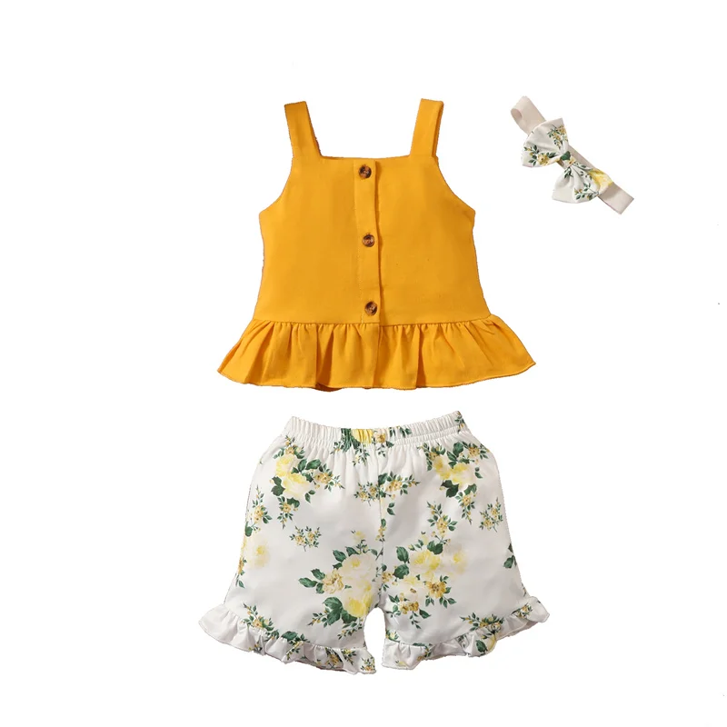 

2Pcs Toddler Baby Girls Summer Cotton Clothes Set,Fashion Solid Color Ruffles Suspender Tops and Flower Short Pants,3-24Months