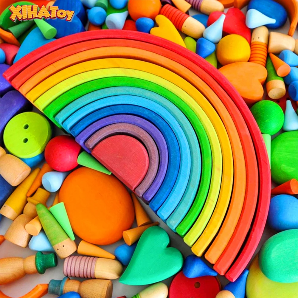 

XIHATOY радужные блоки деревянные игрушки для детей большие креативные радужные строительные блоки 12 шт Монтессори развивающие красочные игр...