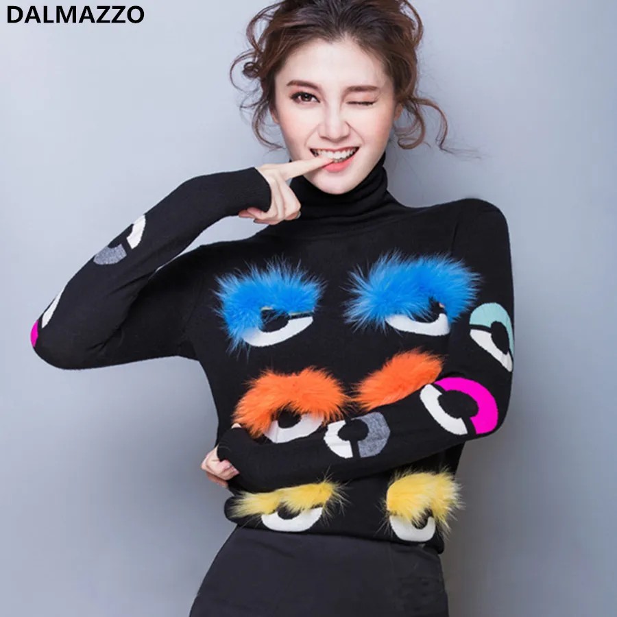 Женский вязаный свитер с высоким воротом перьями и глазами Зимний толстый теплый