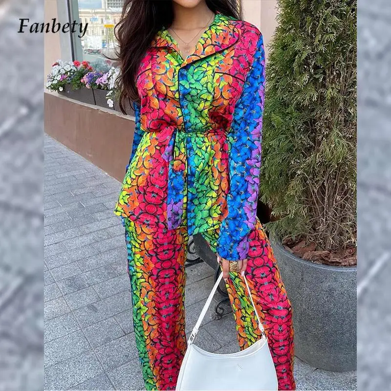 

Autumn Pattern Printing 2pcs Suit Sets Women Fashion Turn-down Collar Button Blouse and Wide Leg Pants Vintage Homewear Outfits
