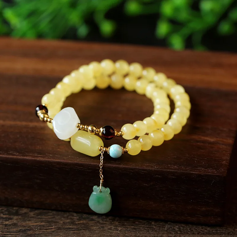

Natural Ceromel Amber Double Layer Women's Bracelet Jade Auspicious Cloud Jade Hanging Charm Bead Bracelet