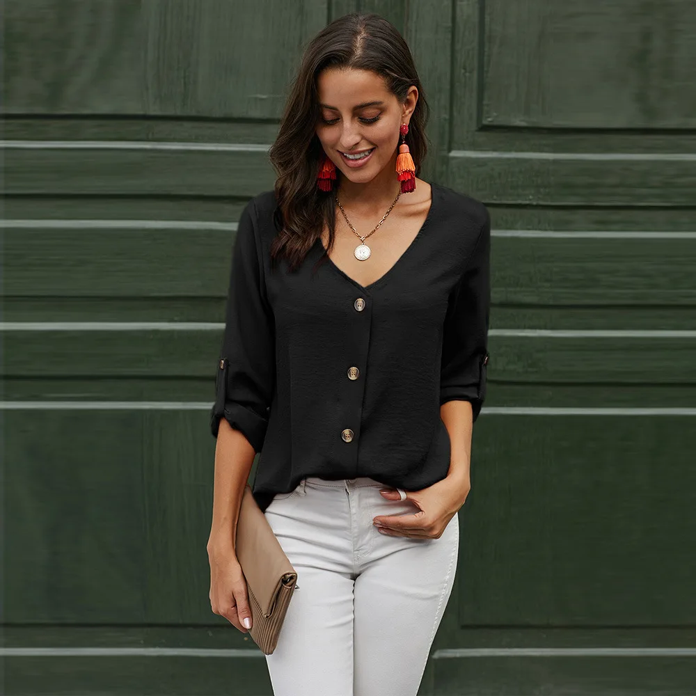 

Solid Color V-neck Long-sleeved Single-breasted Cardigan Loose Blouse Chiffon Sweater Women