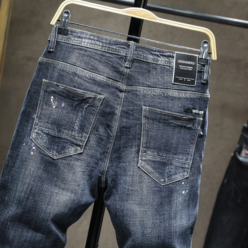 Джинсы мужские с принтом облегающие эластичные синие штаны в стиле хип-хоп