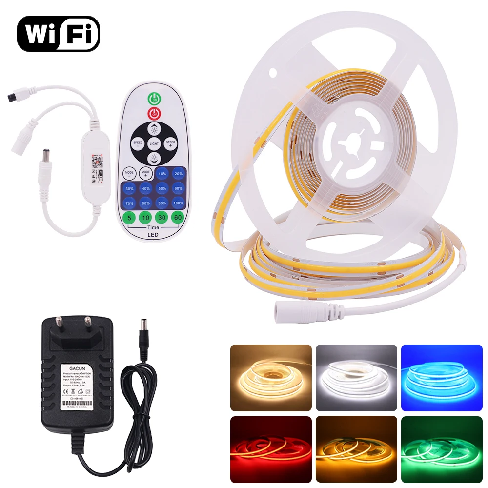 

WIFI Control COB LED Strip DC 12V 24V EU Set High Density RA90 White Red Blue Green Flexible Ribbon FOB COB LED Light
