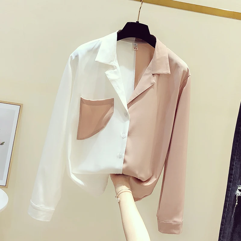 Women Tops Promotion Polyester Regular Pockets Full Blouse Blusa 2020 New Women's Shirt Matching Design Chiffon V-neck Sleeve | Женская