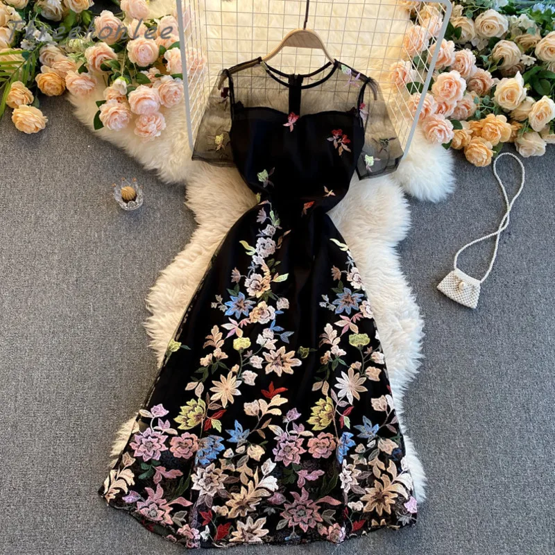 

Женское платье с коротким рукавом, элегантное Сетчатое платье-трапеция с круглым вырезом и цветочной вышивкой в стиле бохо, лето 2021