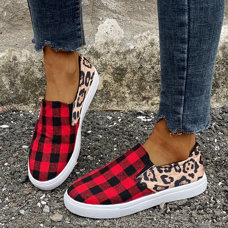 

Women Sneakers Plaid Leopard Print Canvas Shoes Casual Women Sneakers Woman Vulcanized Shoes Fashion Flat Platform Ladies Slip