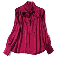 New tie bow Solid Color Lantern Sleeve single breasted loose silk satin Shirt Top Female