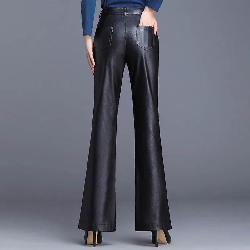 Black Faux Leather Pants Women Autumn Winter High Waist Slim Office Ladies Formal Flare Pu Trousers Slit Work Big Size 4XL | Женская