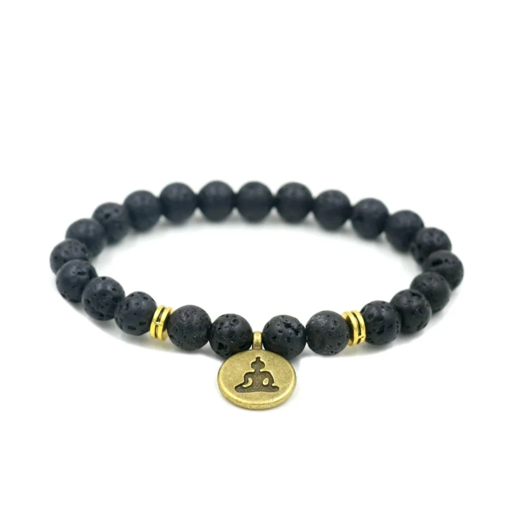 Природный Вулканический камень бусинки античные с золотой Лотос Будда браслет OM