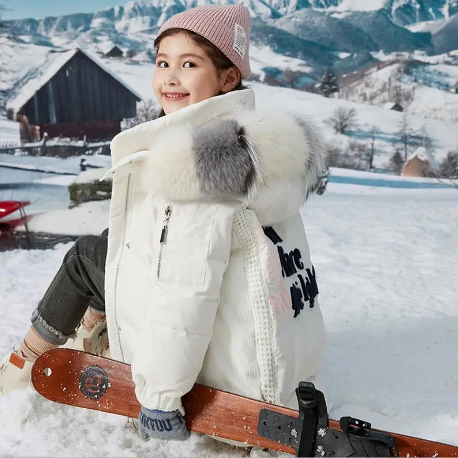 2021 Baby Girl Big Real Fur Collar Down Jacket Children Thicker Down Coats Kids Outerwear Teenage Snow Suit Parka 6-14Y Wz326