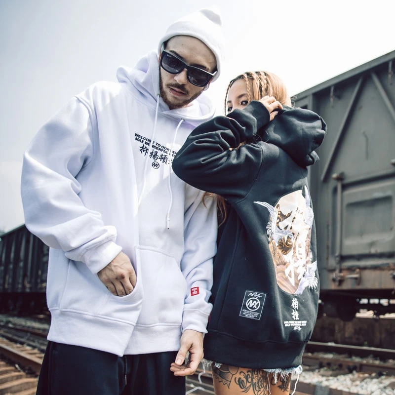 

Dropshipping Embroidery Japanese Cranes Pullover Hoodies Men Winter Fleece Hooded Sweatshirts Hip Hop Hipster Casual Streetwear