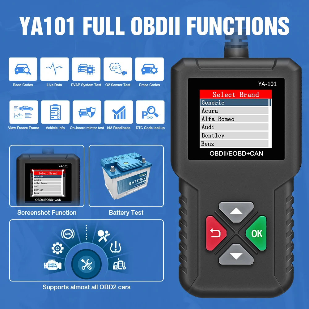 

YA101 OBD2 Car Scanner 12V Automotive Check Engine Error Code Reader Diagnostic Tool With Battery Test Car Fault Instrument