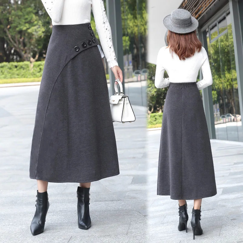 Женская теплая шерстяная длинная юбка с высокой талией и пуговицами модная
