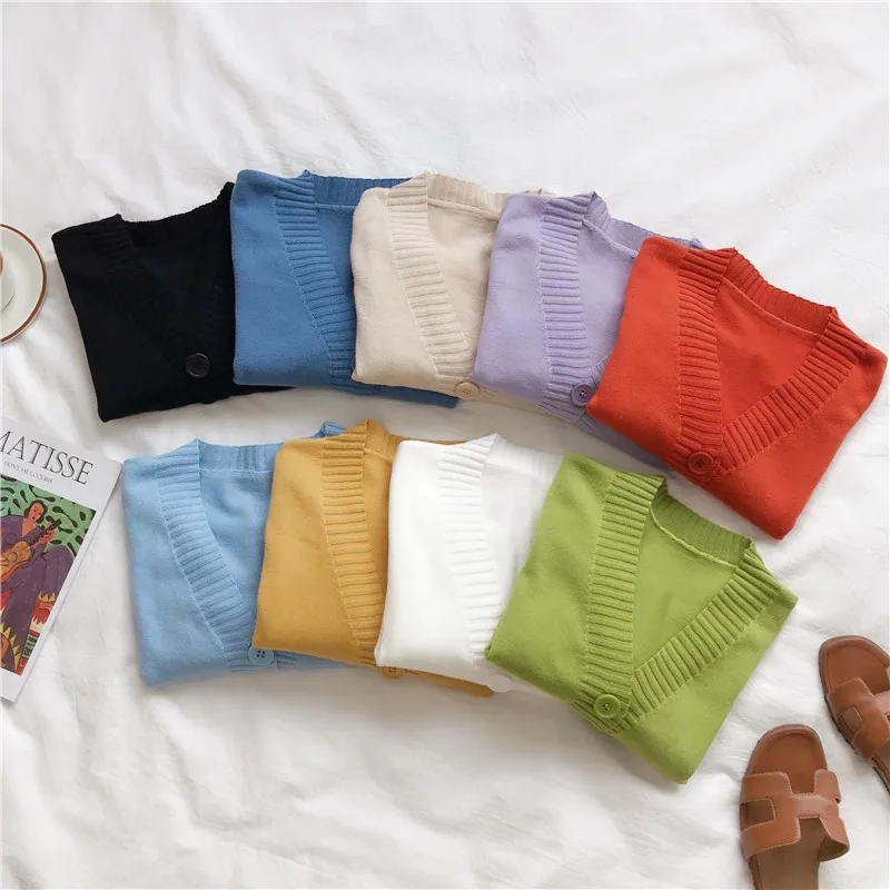 

Vintage Long Sleeve Cropped Cardigan Korean Button Knitted Sweater 2020 Autumn Casual Solid V Neck Slim Outwear Tops