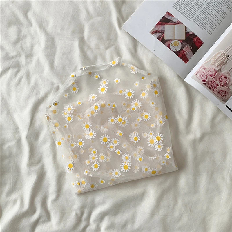 

Summer Autumn Women Casual Mesh Pattern Daisy Flower Printed Tops Girls Mesh Shirts See Through T-Shirt For Female
