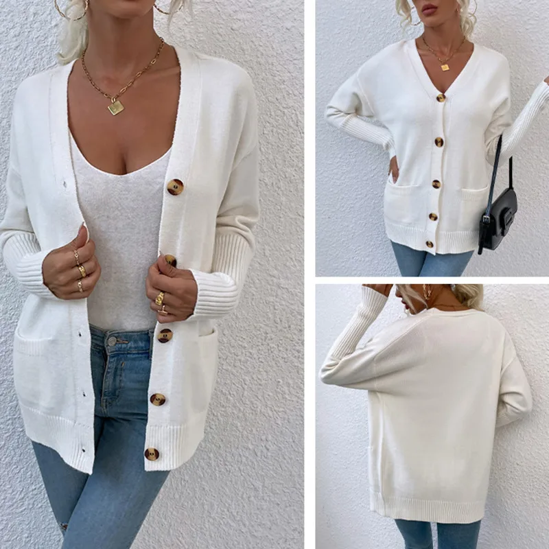 

Женский однотонный кардиган, повседневный однобортный свитер в Корейском стиле с длинным рукавом и V-образным вырезом, шикарная Мягкая трик...