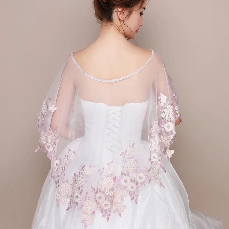 

Elegant Spring Summer Wedding Wraps White JacketShort Front Long Back Boho Country Bridal Capes Romantic Pink Applique Shawl s