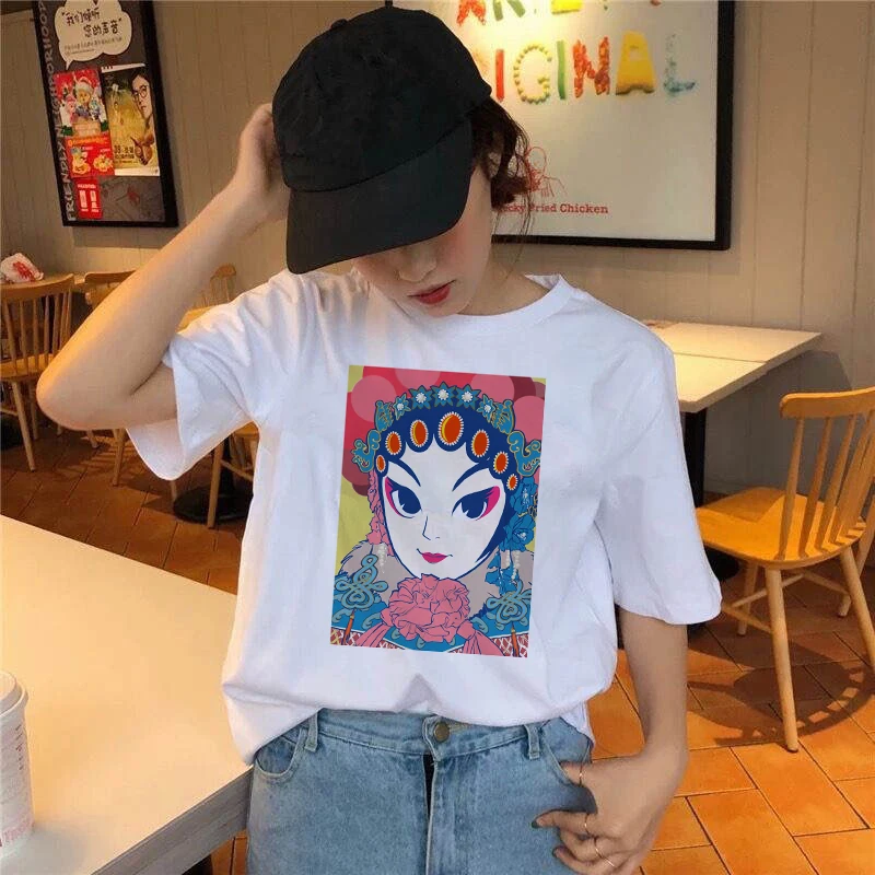 

Китай (материк) с принтом персонажей Пекинской оперы верхняя одежда, женская футболка с коротким рукавом для женщин модная мягкая повседнев...