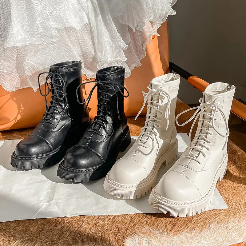 

2021 New Autumn / Winter Ankle Boots for Women High Quality Thick Genuine Leather Fashion Round Toe Female Platform Martin Boots