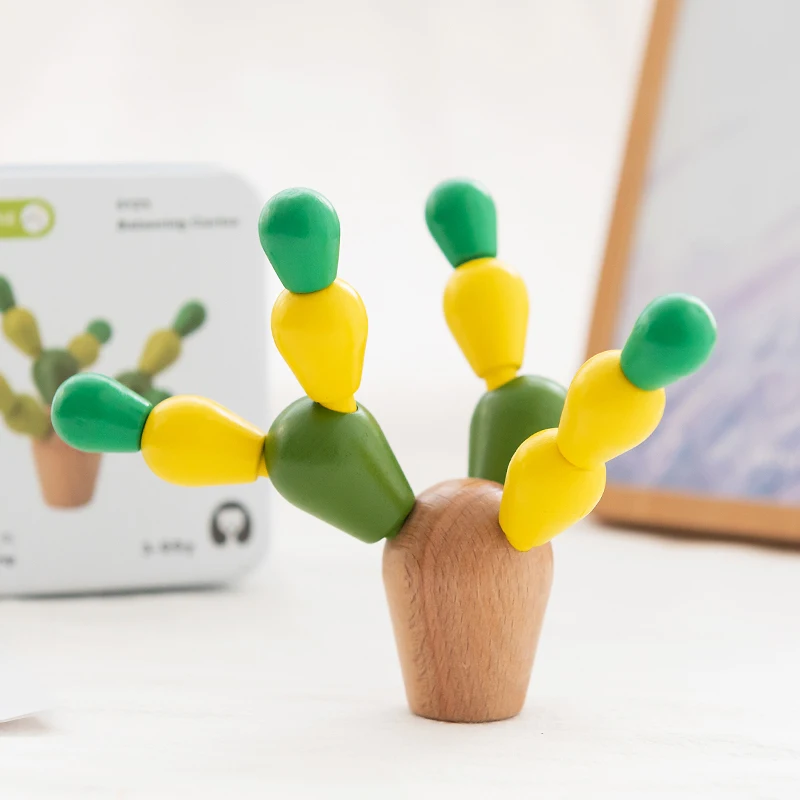 

DIY Creative Wooden toy for Kids Balancing Cactus Building Blocks Playset for Girl Boy Montessori Educational Toys Iron Box Gift