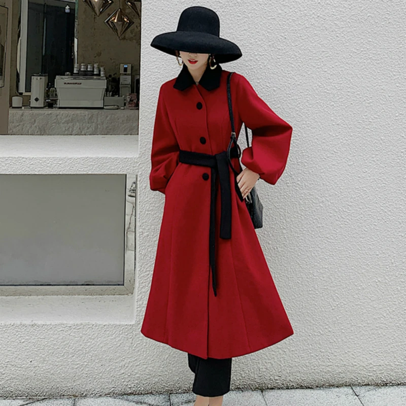 Женское длинное шерстяное пальто в стиле Хепберн красное ТРАПЕЦИЕВИДНОЕ