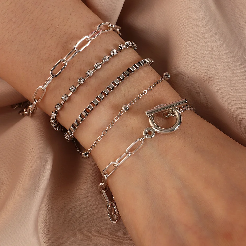 

5PCS/SET Punk Gold Crystal Thick Chain Bracelet Female Bohemian Geometric Chain OT Buckle Bracelet Set Jewelry Girl Party Gift