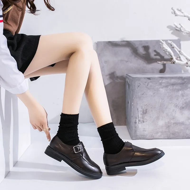 

2020 Autumn Women Shoes Woman Retro College Casual Shoes Female Metal Buckle Slip on Solid Black Leather Oxford Shoes for Women