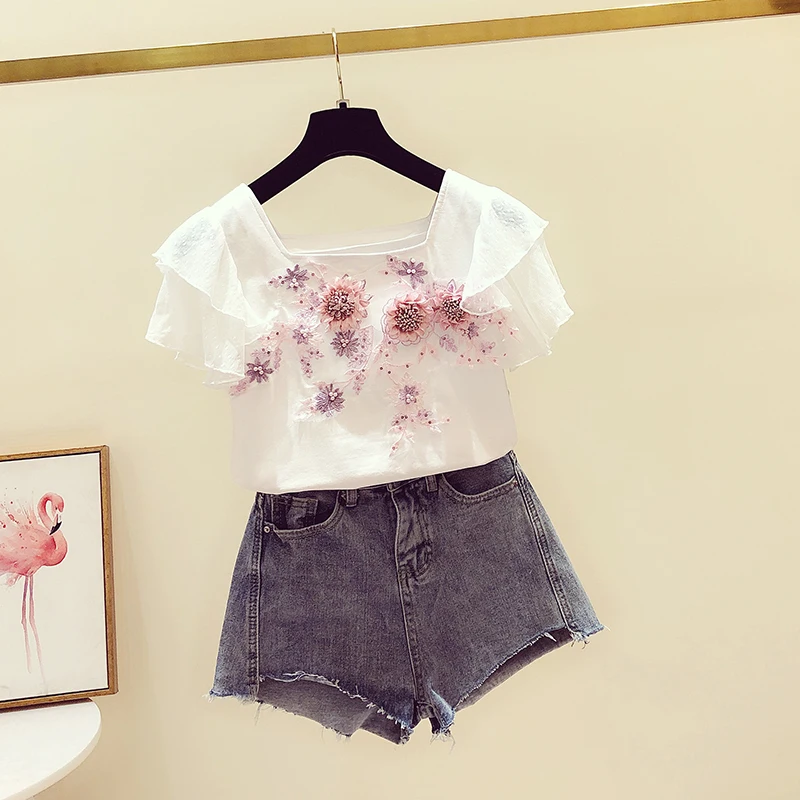 Женская футболка с цветочной вышивкой Повседневная белая оборками на рукавах