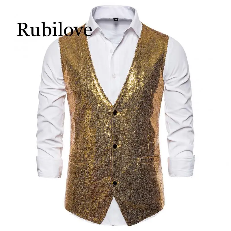 

Rubilove, 2019 год, мужская мода, жилет, блестящий костюм, жилет, одежда для ночного клуба, блестящий золотой блестящий жилет с блестками