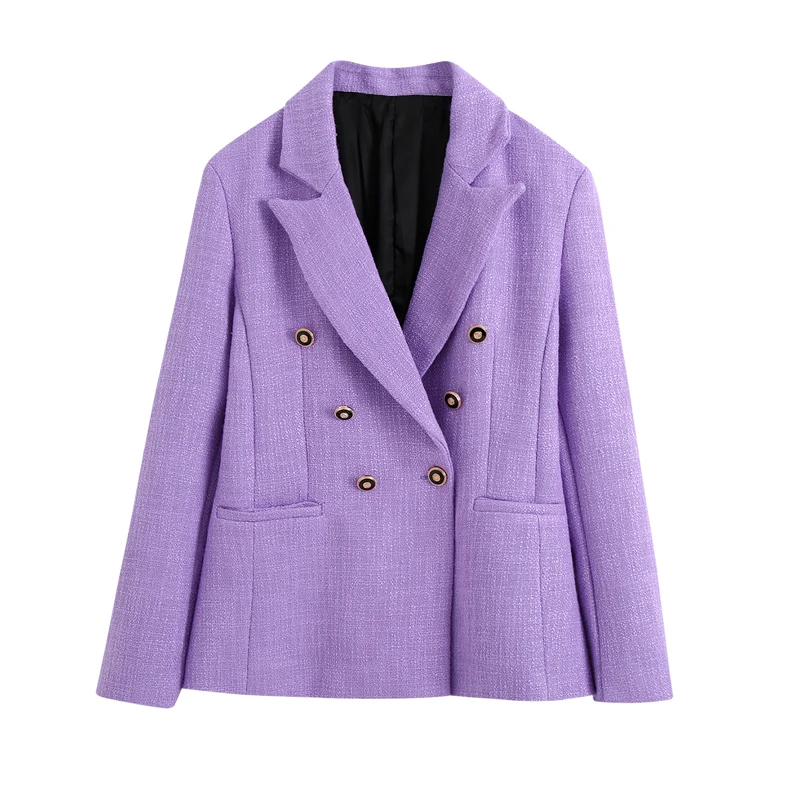 

Notched Blazers Women Fashion Purple Triple Breasted Jackets Women Elegant Pockets Long Sleeve Suits Female Ladies