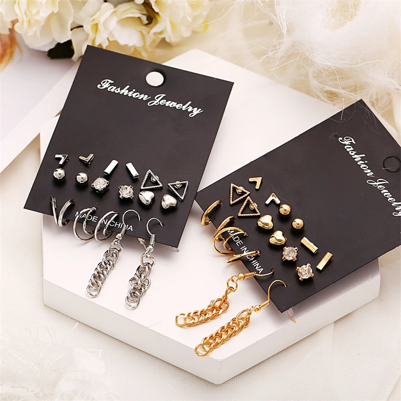 

New geometric Set Earrings, 9 pairs, creative simple heart-shaped inlaid diamond earrings