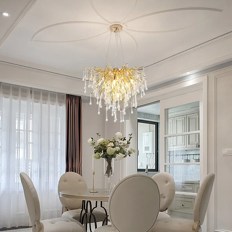 

Luxury Gold Crystal Chandelier LED Aluminium Wire Crystal Water Drop Hanging Lamp Hall Lobby Chrome Crystal Lighting Fixture