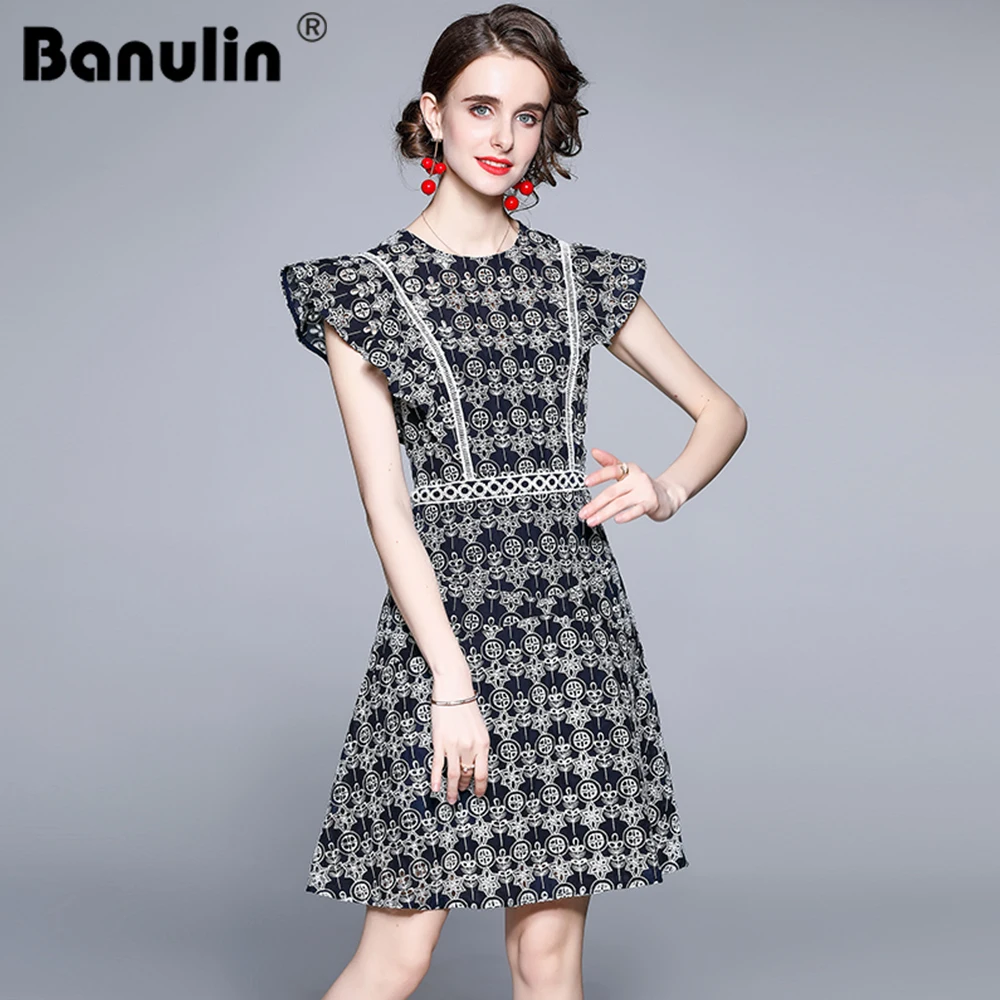 

High Quality Runway Lace Dress 2021 Summer Women Short Sleeve O-Neck Hollow Out Crochet Slim Prom Office Party Short Dress