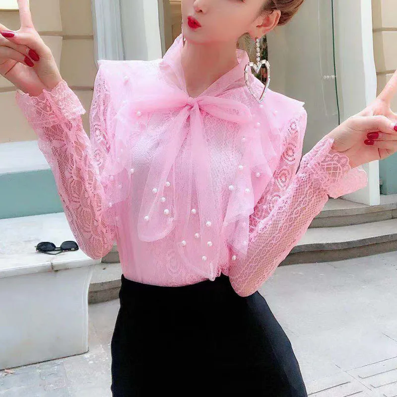 Женская блузка с длинным рукавом кружевная бантом и вырезами милая сетчатая