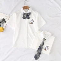 women blouses shirt 2021 summer white printing rabbit lapel short sleeve long sleeve with tie bow korean jk uniform female shirt