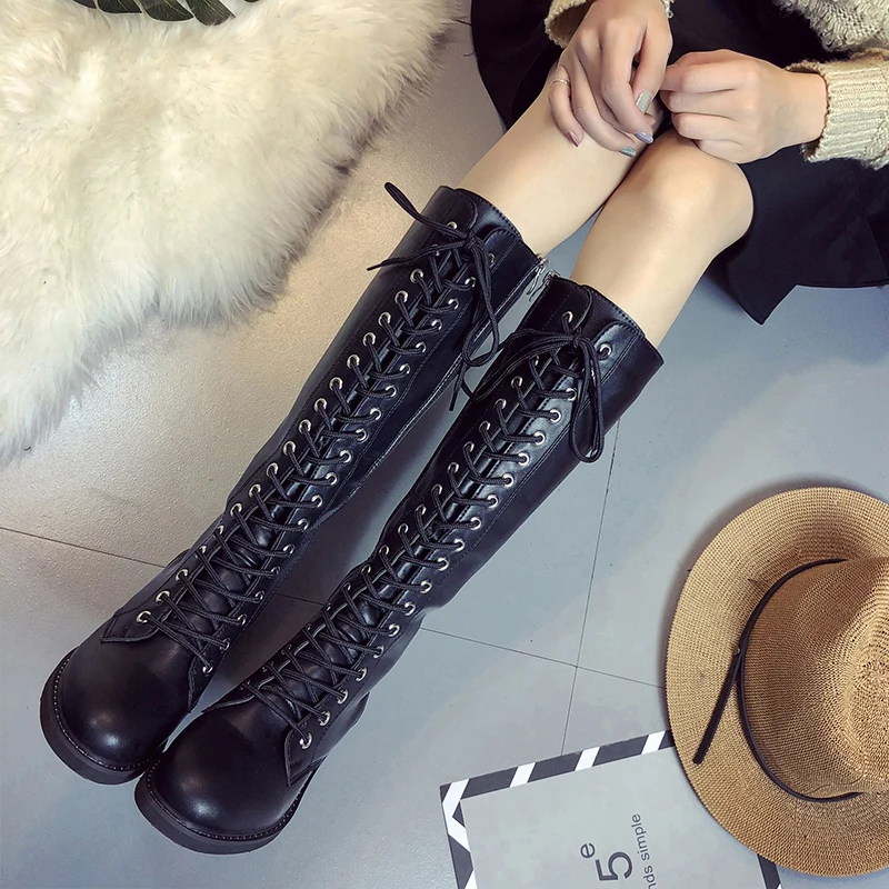 Женские сапоги martin до колена на шнуровке спереди Зимние теплые плюшевые высокие