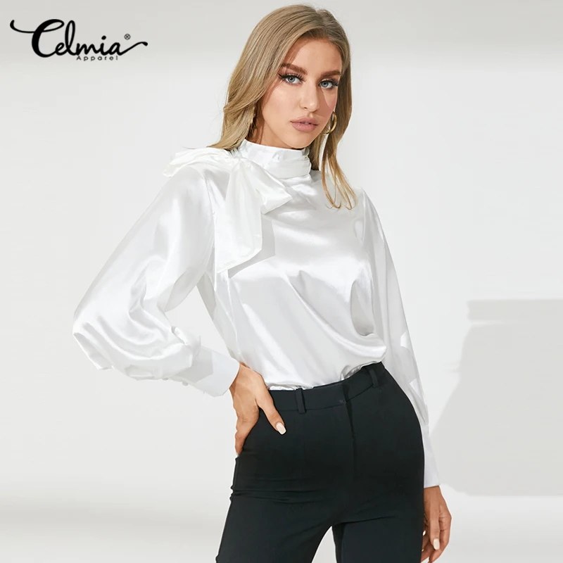 

Celmia Fashion Satin Bow Tie Blouses Women Autumn Lantern Sleeve Tops Elegant Office Lady Shirts Casual Blusas Femininas S-