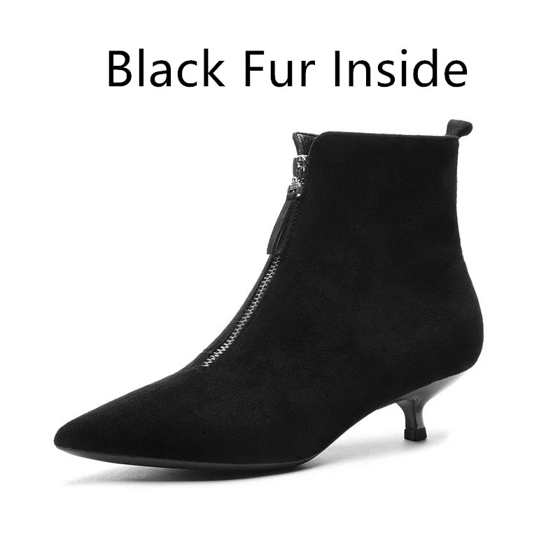 Black Fur 2 Черные зимние ботинки; коллекция года; женская обувь; женские ботильоны на молнии; ботильоны для женщин из флока на высоком каблуке с острым носком; Mujer - Цвет: Black Fur 2