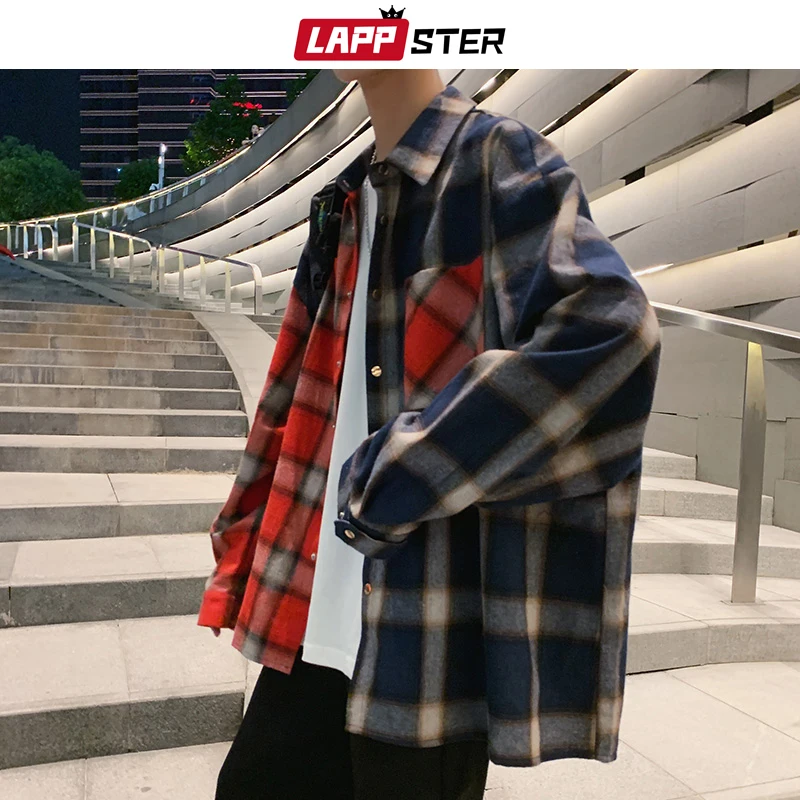 LAPPSTER Для мужчин в стиле пэчворк Harajuku рубашки клетку 2020 Корейская рубашка с