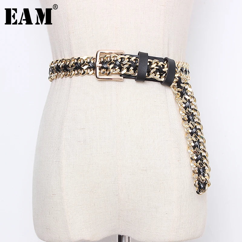

[EAM] Pu Leather Chain Split Joint Long Wide Temperament Belt Personality Women New Fashion Tide All-match Spring 2023 1N953