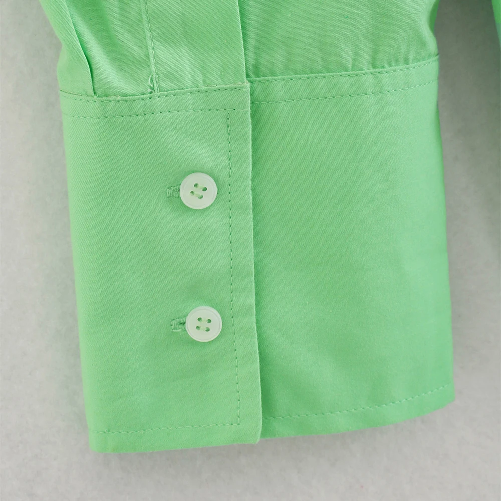 

ZA2021 thin summer new fashion green long-sleeved single-breasted lapel asymmetrical hem poplin shirt blouse