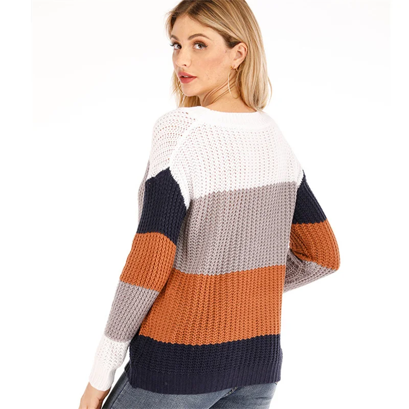 

Knitted Sweater Women 2021 New Autumn Winter Pink Green Blue Stripe Plus Size Loose Tops Europe America Fashion Pullover N1120