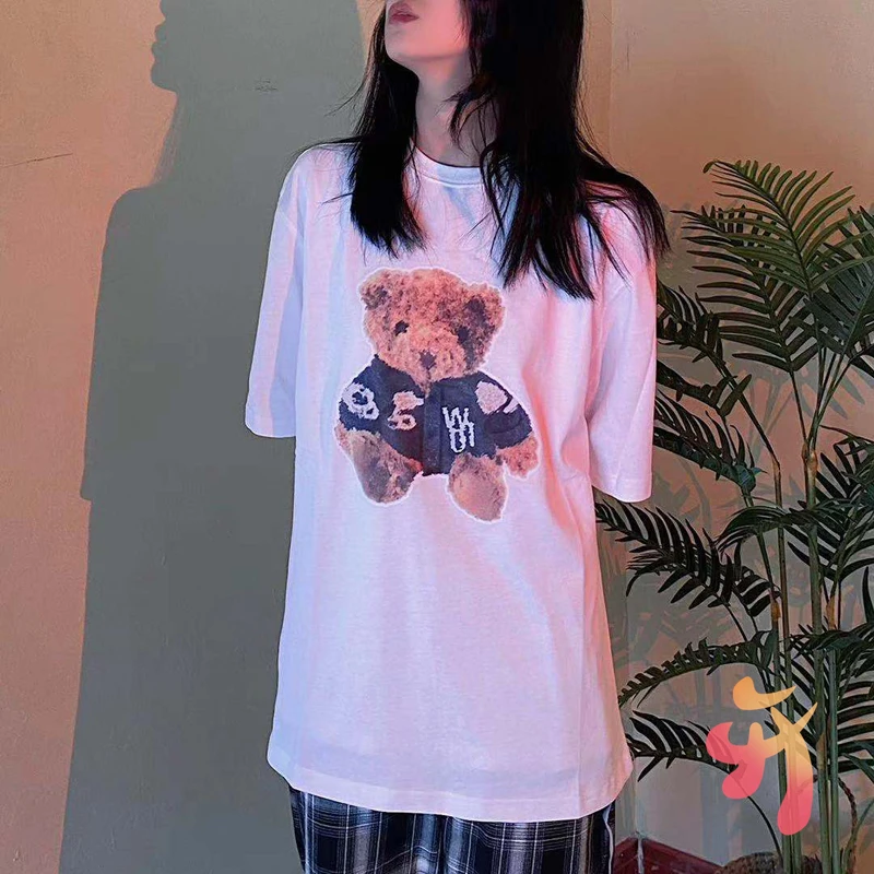 

We11done T-shirt Reflective Plush Bear Drop-shoulder Short-sleeved Men Women Oversized Welldone Casual Loose Hip Hop T shirt