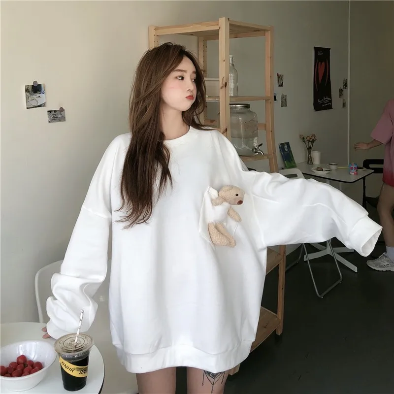Harajuku Chic Crewneck Women Sweatshirt Pullover Hoodies Solid Color Oversized Bear Female Clothes Loose Cute Kawaii Sweetshirt