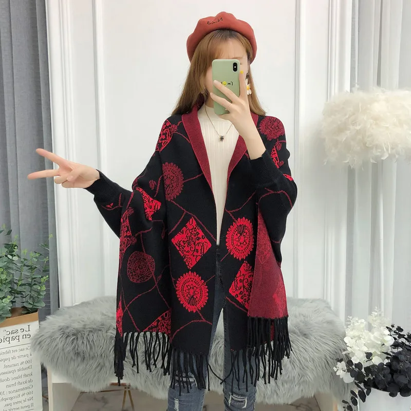 Кардиган с бахромой и рукавом летучая мышь свитер накидка Женский плотный теплый