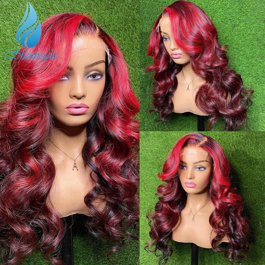 

Парики из человеческих волос с эффектом омбре SMD, фронтальные волосы 13 х4 красного цвета, подчеркивают перуанские неповрежденные волосы, вол...