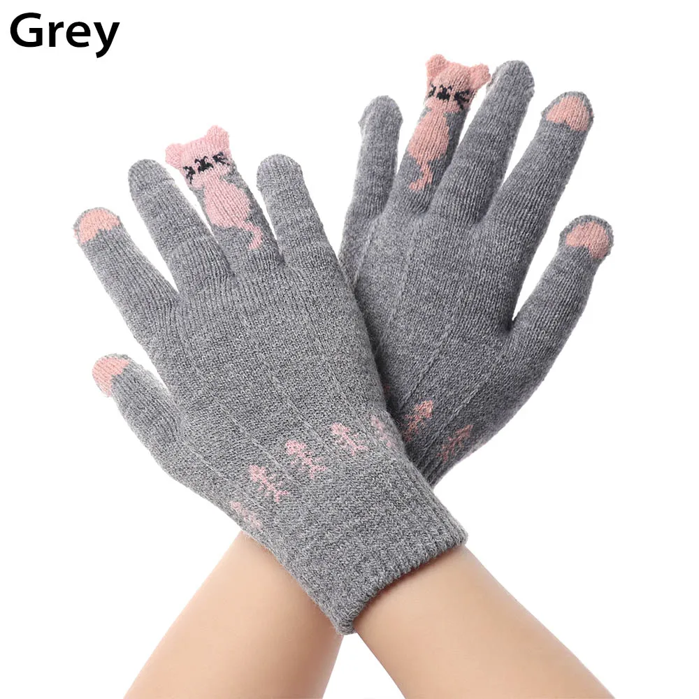 Теплые зимние вязаные перчатки на полный палец 1 пара Варежки женские милые Мультяшные коты сенсорные перчатки гуанты - Цвет: grey