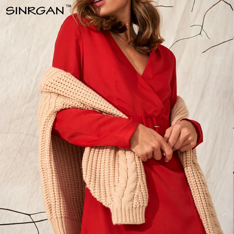 SINRGAN Red Festive New Year Chilli Color Midi Dress Women Spring V Neck Christmas Holiday Long Dresses Female with Belt |